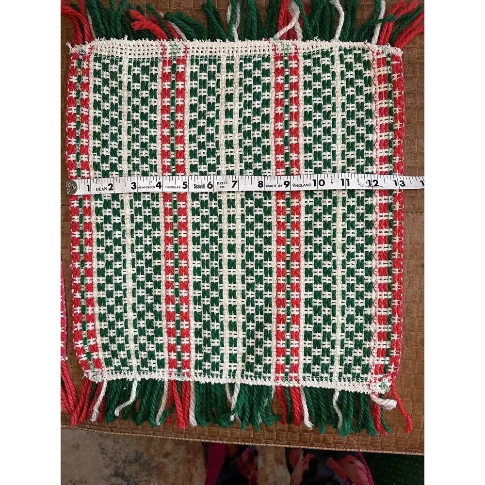 Vintage Handmade Crocheted Christmas Large Hot Pad Trivet Green Red Placemats